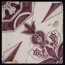 Purple ornament tile, diagonal decor, with openwork stylized floral decoration in one corner with opposite octagonal figure