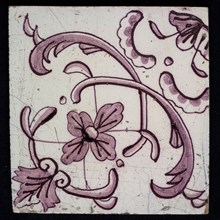 Purple ornament tile, diagonal decor, intersecting leaves, leaf with arch in corner, decentralized flower crossed by four half