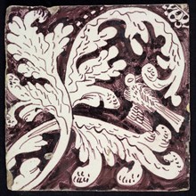 Ornament tile, curved and crossing feathers and bird, corner motif quarter rosette, wall tile tile sculpture ceramic earthenware