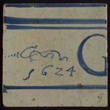 White tile with horizontal blue lines with 1624 and G, tile picture footage fragment ceramics pottery glaze, baked 2x glazed