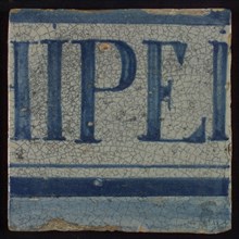 White tile with horizontal blue lines and H IPE (part of letter), tile picture footage fragment ceramics pottery glaze h 13.0