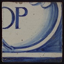 White tile with blue curved and horizontal lines, partially colored, and letters OP, tile picture footage fragment ceramics