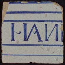 White tile with blue horizontal lines and HANI, tile picture footage fragment ceramics pottery glaze, HANI ... Hanibal? Hannibal
