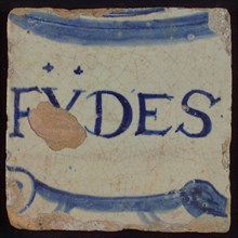 White tile with blue FYDES, tile pilaster footage fragment ceramics pottery glaze, FYDES fides fides