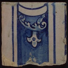 White tile with blue horizontal lines, partially colored, and ornament, tile picture footage fragment ceramics pottery glaze