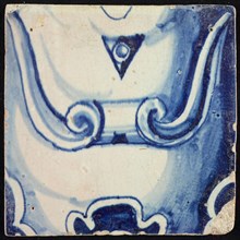Tile of pilaster, blue on white, part of column with scroll ornament and stylized belly button, tile pilaster footage fragment