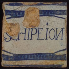 White tile with blue SCHIPEION between horizontal decorated lines, tile picture footage fragment ceramic pottery glaze