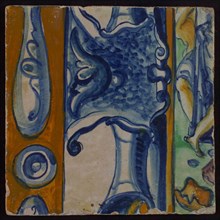 Multicolored tile (brown, blue, green, purple) with three vertical decorated trays, tile picture footage fragment ceramics