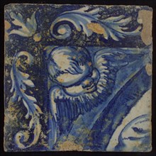 Five multi-colored tableau tiles (blue, yellow) with putto under ornament arch, tile picture material fragment ceramic