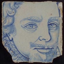 Tile with blue portrait of Prince Maurits (1567-1625), tile pilaster footage fragment ceramics pottery glaze, Maurits count