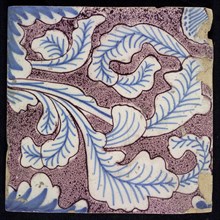 Sprinkled purple ornament tile, with curled feathers in black lines and light blue content, coming from one side, several
