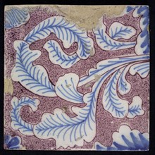 Sprinkled purple ornament tile, with curly feathers in black lines and light blue content, coming from one side, several quarter
