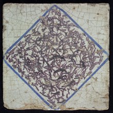 Ornament tile, central decor, purple tamponised surface infill in blue outline and white corners, wall tile tile sculpture soil