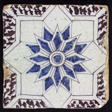 Sprinkled ornament tile, center double circle, double eight-pointed blue star, against background of two white eight-pointed