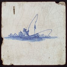Figure tile, fisherman in rowing boat with his rod catching fish, wall tile tile sculpture ceramic earthenware glaze, baked 2x