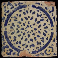 Ornament tile, blue circle, brushed blue drops, floor tile tile sculpture ceramic earthenware glaze, Ornament central decor