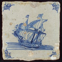 Scene tile, ship with three masts and flags, corner motif ox's head, wall tile tile sculpture ceramic earthenware glaze, baked