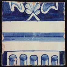Tile of chimney pilaster, blue on white, part of column with cannelure, capital and ornament, chimney pilaster tile pilaster