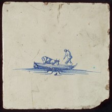 Scene tile, man is punting the boat with stick in the water, wall tile tile sculpture ceramic earthenware glaze, baked 2x glazed