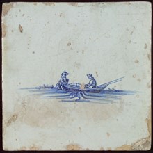 Scene tile, rowing boat with two men, wall tile tile sculpture ceramic earthenware glaze, baked 2x glazed painted Blue on white