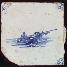 Scene tile, small sailboat, corner motif of ox's head, wall tile tile sculpture ceramic earthenware glaze, baked 2x glazed