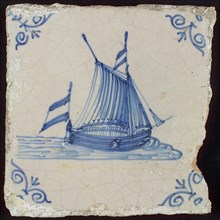 Scene tile, sailing flat bottom with full sails, corner motif of ox's head, wall tile tile sculpture ceramic earthenware glaze