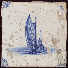 Scene tile, road sailing flat bottom, corner motif oxen head, wall tile tile sculpture ceramic earthenware glaze, baked 2x