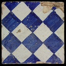 Ornament tile, checkerplate motif, small windows, floor tile tile sculpture ceramic earthenware glaze, Blue on white with dark