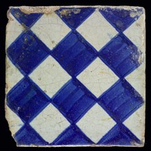 Ornament tile, checkerplate motif, small windows, floor tile tile image ceramics earthenware glaze, Blue on white with dark blue