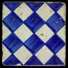 Ornament tile, blue on gray, with dark blue brushed check pattern, outline clearly seen, as checkerplate, small windows, floor