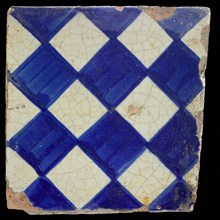 Ornament tile, checkerplate motif, small windows, floor tile tile images ceramic earthenware glaze, Blue on white with dark blue