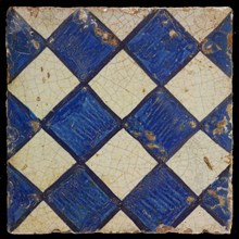 Ornament tile, blue on gray, with light blue brushed check pattern, dark blue outline, as checkerplate, small windows, floor