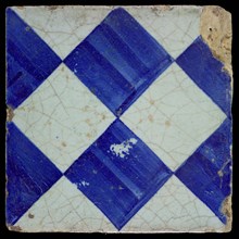Ornament tile, checkerplate motif, large windows, floor tile tile sculpture ceramic earthenware glaze, Transparent blue on gray