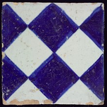 Ornament tile, checkerplate motif, large windows, floor tile tile sculpture ceramic earthenware glaze, Transparent dark blue on