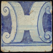 Tile of chimney pilaster, blue on white, part of pillar with capitals in H-shaped curly ornament, chimney pillaster tile