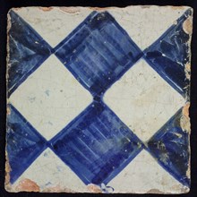 Ornament tile, checkerplate motif, large windows, floor tile tile sculpture ceramic earthenware glaze, Dark blue on gray