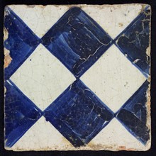Ornament tile, checkerplate motif, large windows, floor tile tile images ceramic earthenware glaze, Dark blue on gray with dark
