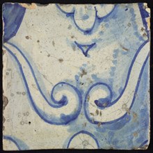Tile of chimney pilaster, blue on white, part of column with curly ornament with stylized belly button, chimney pilaster tile