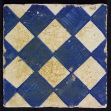 Ornament tile, checkerplate motif, small windows, floor tile tile sculpture ceramic earthenware glaze, Blue on white with dark