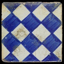 Decorative tile, blue on white, with light blue brushed check pattern as checkerplate, small windows, floor tile tile sculpture