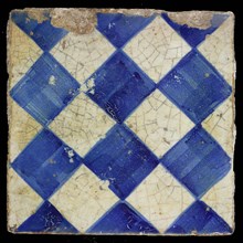 Ornament tile, checkerplate motif, small windows, floor tile tile images ceramic earthenware glaze, Blue on white with dark blue