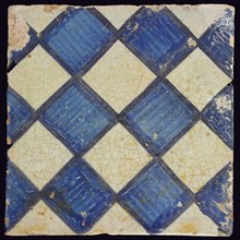 Ornament tile, blue on gray, with light blue brushed check pattern and dark blue frame, as checkerplate, small windows, floor