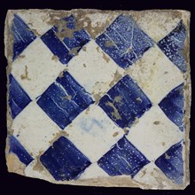 Ornament tile, blue on white, with dark blue irregularly sponged diamond pattern as checkerplate, small windows, floor tile