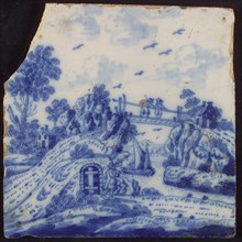Tile, blue on white, open air, river between hills with sailing flat bottom, over there bridge with two men, left ice cellar