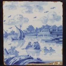 Scene tile, three men in boat on the water, wall tile tile sculpture ceramic earthenware glaze, baked 2x glazed painted Yellow