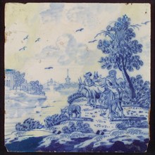 Scene tile, woman sits on donkey, man stands, wall tile tile sculpture ceramic earthenware glaze, baked 2x glazed painted Yellow