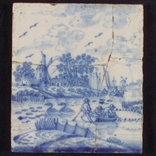 Tile, blue on white, outdoor, three men in boat on the water handle fishing net, two swans, background rowing boat with person