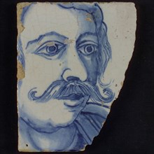 Tile with blue portrait of man with mustache, Gaius Mucius Scaevola, tile picture footage fragment ceramic earthenware glaze