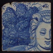 Tile with blue part of face and tree, tile picture footage fragment ceramics pottery glaze, d 1.2