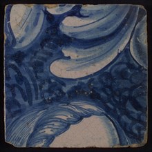 Tile with blue part of head and feather, tile pilaster footage fragment ceramic pottery glaze, d 1.2